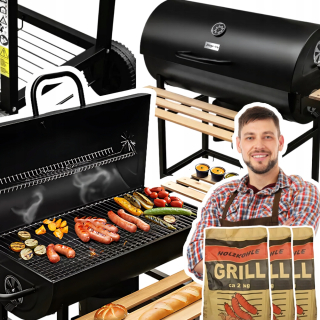 Záhradný gril na drevené uhlie Sudové stoly oceľový rošt s teplomerom + 6kg UHLIE